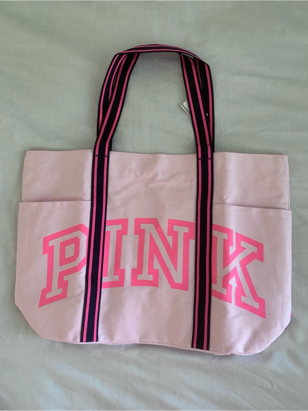 PINK VS Canvas Tote Bag Pink Graphic Snap Button Cotton Shoulder Bag OS NWT